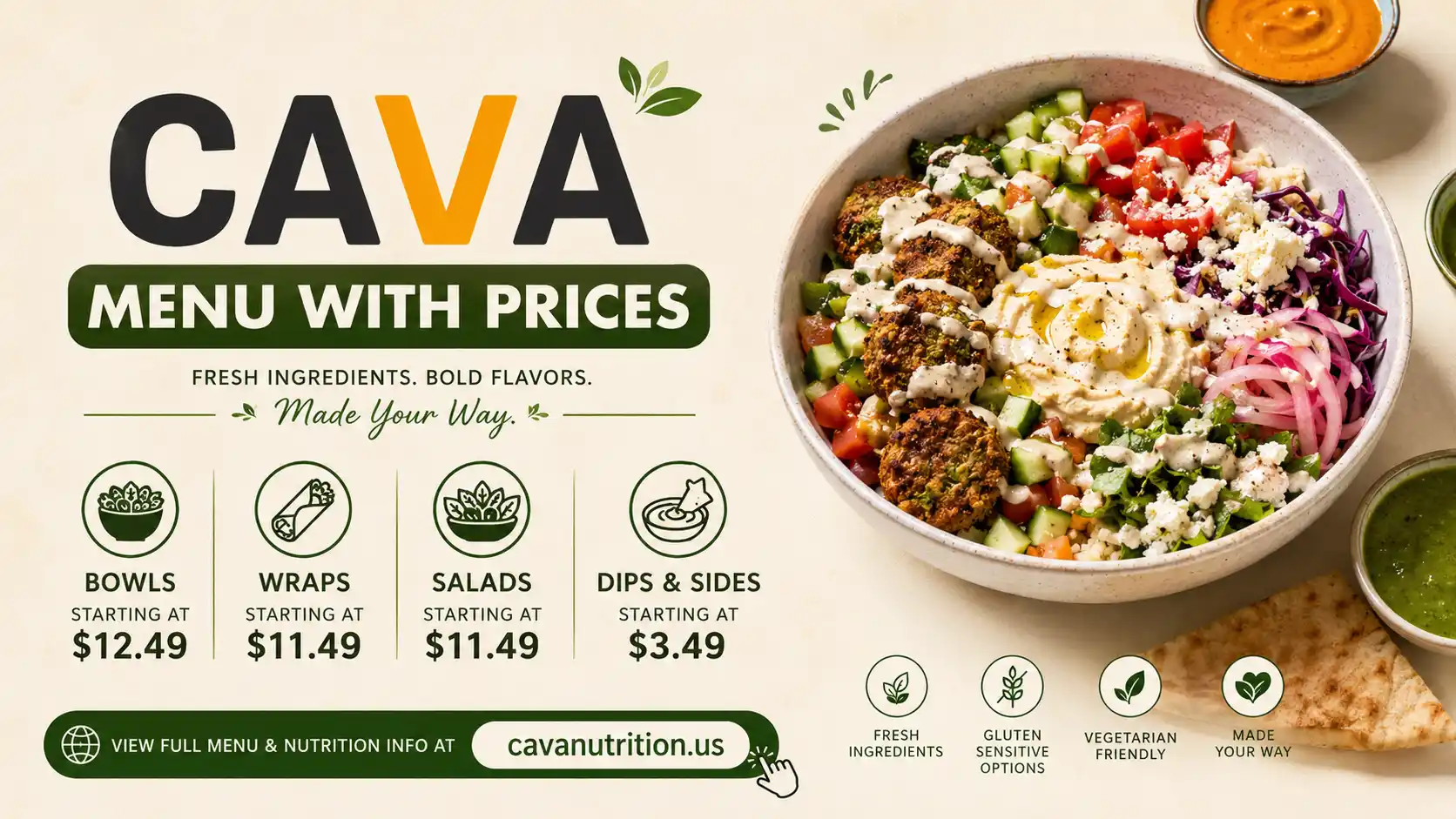 CAVA Menu With Prices 2026 - Fresh Mediterranean bowls, pitas, and salads