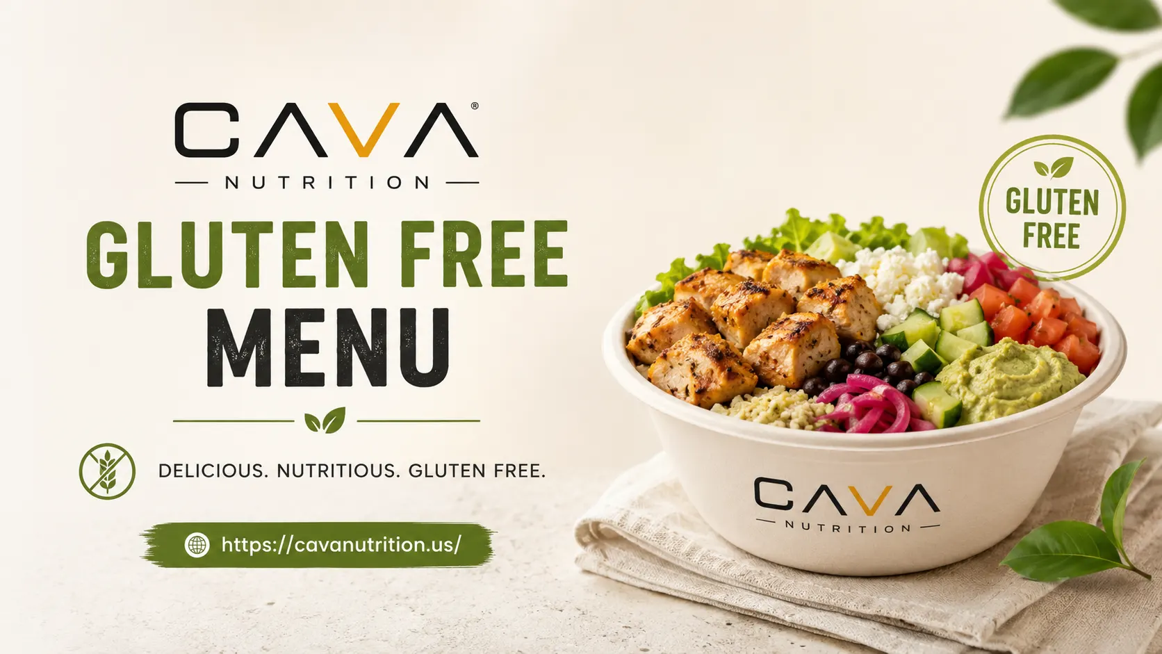 Cava gluten free Mediterranean bowl with grilled chicken and fresh toppings